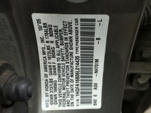 1HGFA16806L014435 - 2006 HONDA CIVIC EX GRAY photo 10