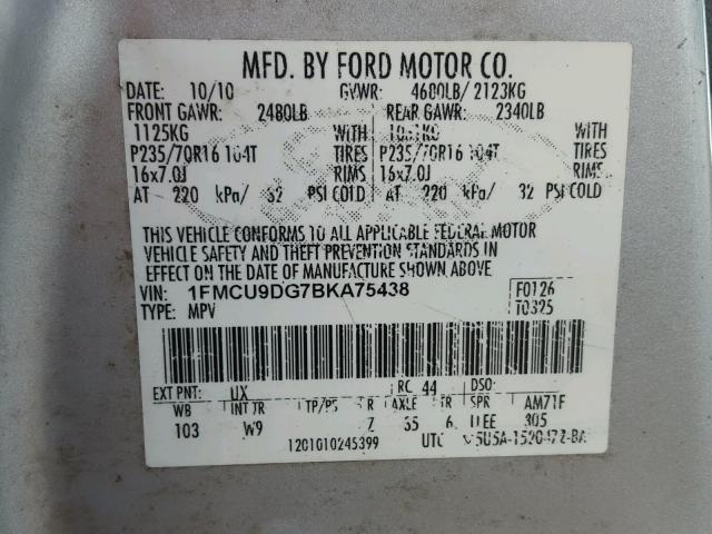 1FMCU9DG7BKA75438 - 2011 FORD ESCAPE XLT SILVER photo 10