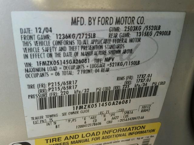 1FMZK05145GA26081 - 2005 FORD FREESTYLE SILVER photo 10