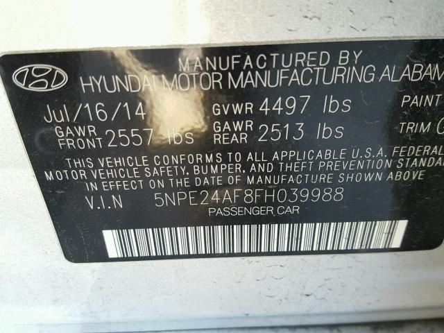 5NPE24AF8FH039988 - 2015 HYUNDAI SONATA SE GRAY photo 10