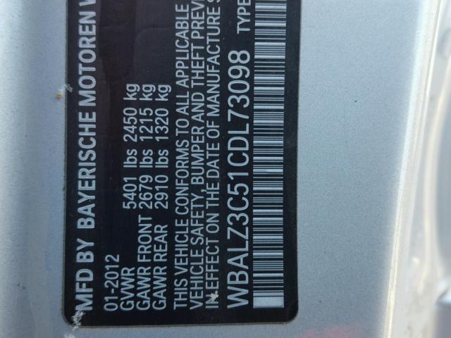 WBALZ3C51CDL73098 - 2012 BMW 650 I SILVER photo 10