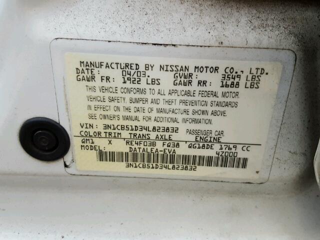 3N1CB51D34L823832 - 2004 NISSAN SENTRA 1.8 WHITE photo 10