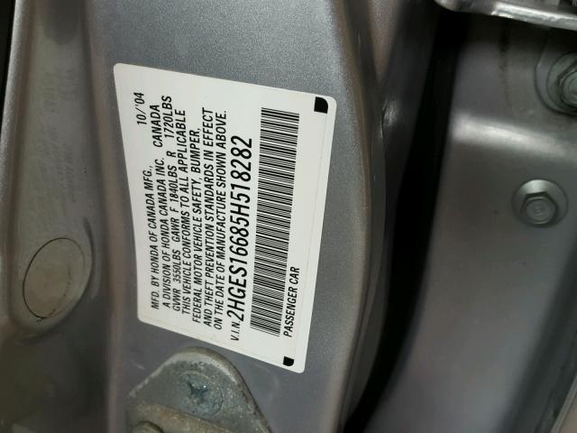 2HGES16685H518282 - 2005 HONDA CIVIC LX SILVER photo 10