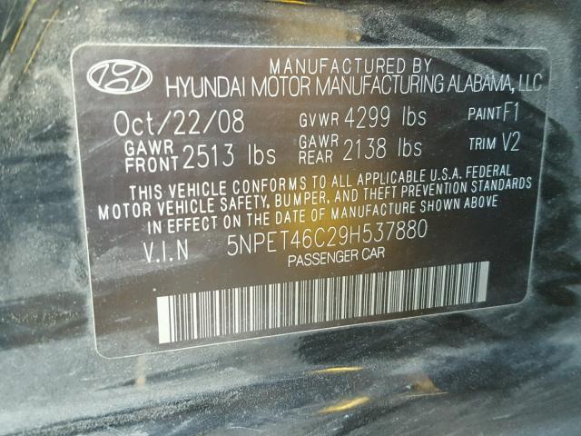 5NPET46C29H537880 - 2009 HYUNDAI SONATA GLS BLACK photo 10