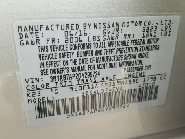 3N1AB7AP2GY299724 - 2016 NISSAN SENTRA S SILVER photo 10