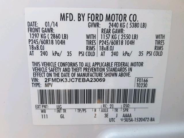 2FMDK3JC7EBA23069 - 2014 FORD EDGE SEL WHITE photo 10