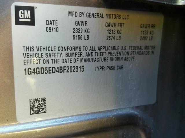 1G4GD5ED4BF202315 - 2011 BUICK LACROSSE C GRAY photo 10