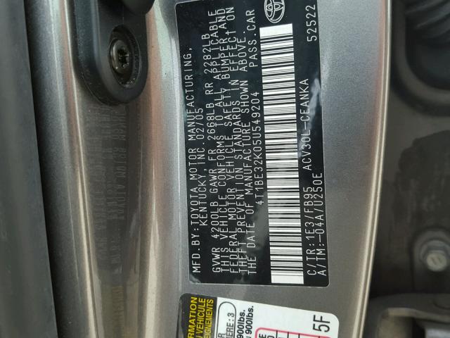 4T1BE32K05U549204 - 2005 TOYOTA CAMRY LE GRAY photo 10