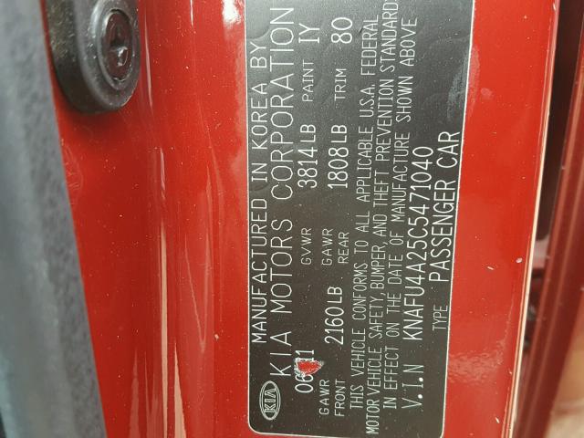 KNAFU4A25C5471040 - 2012 KIA FORTE EX RED photo 10