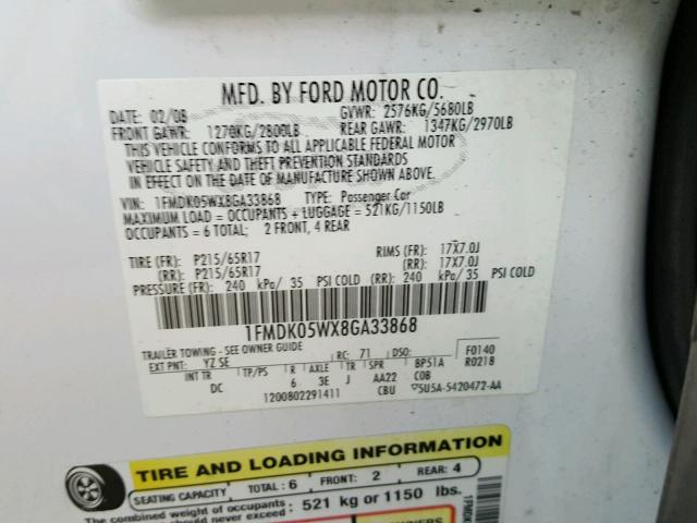 1FMDK05WX8GA33868 - 2008 FORD TAURUS X S WHITE photo 10