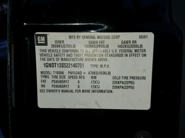 1GNDT13S522140751 - 2002 CHEVROLET TRAILBLAZE BLACK photo 10