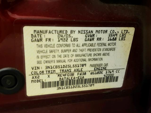 3N1CB51D25L551789 - 2005 NISSAN SENTRA 1.8 MAROON photo 10