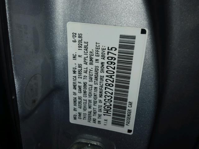 1HGCG32782A029975 - 2002 HONDA ACCORD EX SILVER photo 10