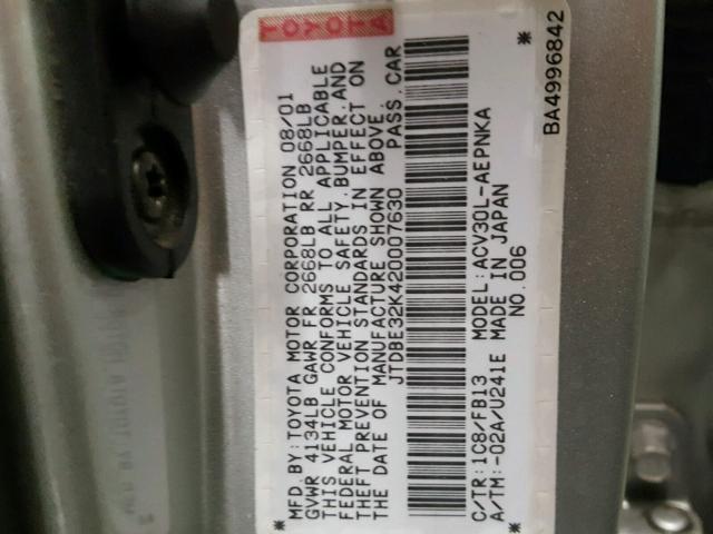 JTDBE32K420007630 - 2002 TOYOTA CAMRY LE ვერცხლისფერი ფოტო 10