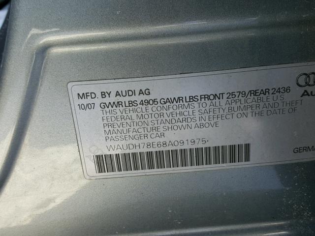 WAUDH78E68A091975 - 2008 AUDI A4 3.2 QUA GRAY photo 10