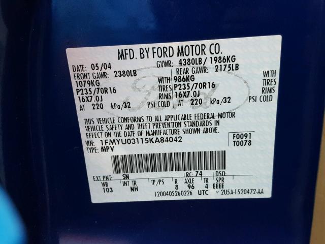 1FMYU03115KA84042 - 2005 FORD ESCAPE XLT BLUE photo 10