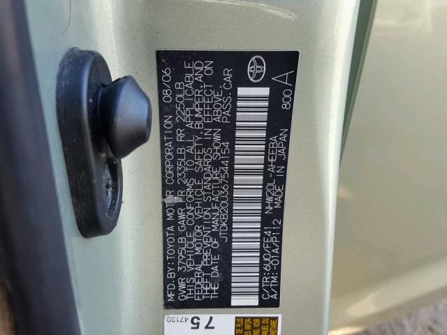 JTDKB20U367544154 - 2006 TOYOTA PRIUS GREEN photo 10