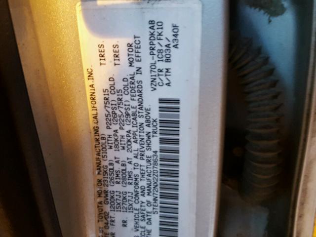 5TEHN72NX2Z078634 - 2002 TOYOTA TACOMA DOU SILVER photo 10