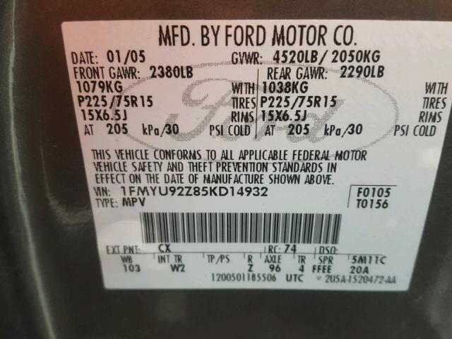 1FMYU92Z85KD14932 - 2005 FORD ESCAPE XLS GRAY photo 10