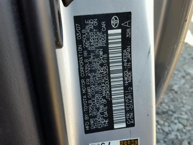 JTDKB20U073251918 - 2007 TOYOTA PRIUS SILVER photo 10