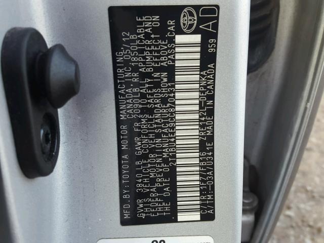 2T1BU4EE9CC870431 - 2012 TOYOTA COROLLA BA SILVER photo 10