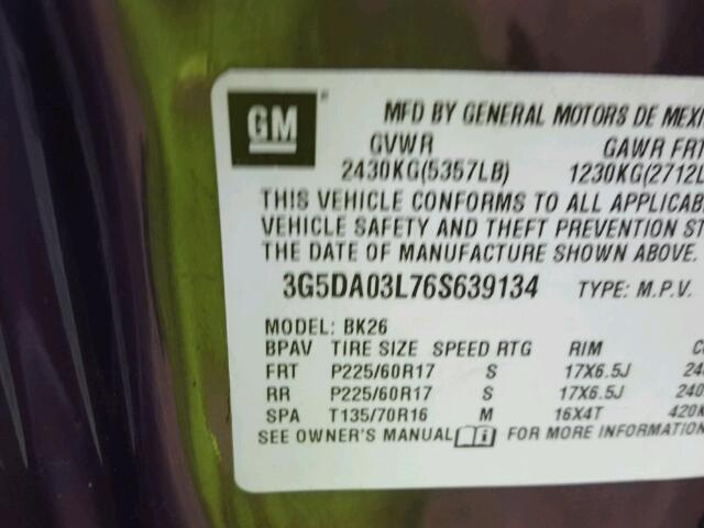 3G5DA03L76S639134 - 2006 BUICK RENDEZVOUS PURPLE photo 10