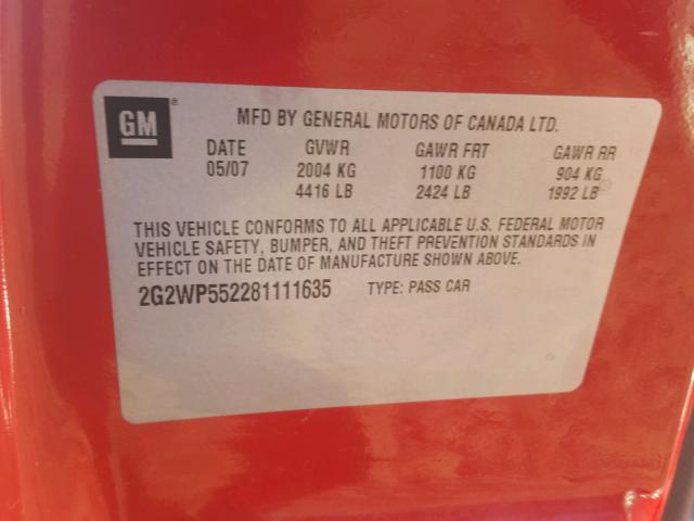 2G2WP552281111635 - 2008 PONTIAC GRAND PRIX RED photo 10