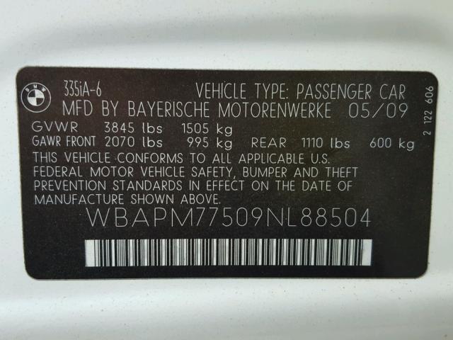 WBAPM77509NL88504 - 2009 BMW 335 I WHITE photo 10