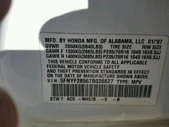 5FNYF28567B026627 - 2007 HONDA PILOT EXL WHITE photo 10