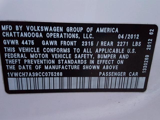 1VWCH7A39CC075268 - 2012 VOLKSWAGEN PASSAT SEL WHITE photo 10