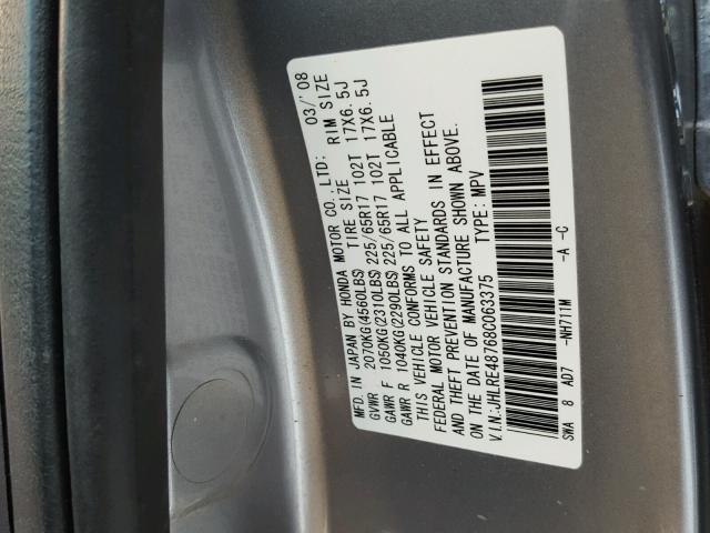 JHLRE48768C063375 - 2008 HONDA CR-V EXL GRAY photo 10