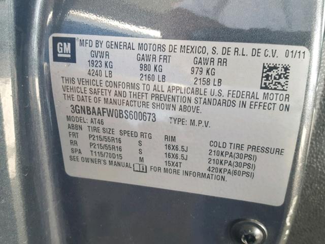 3GNBAAFW0BS600673 - 2011 CHEVROLET HHR LS გრაფიტი ფოტო 10