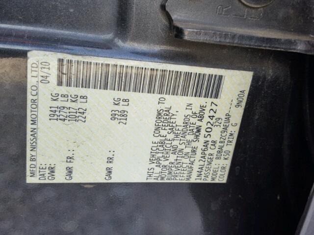 1N4AL2AP6AN502427 - 2010 NISSAN ALTIMA BAS CHARCOAL photo 10