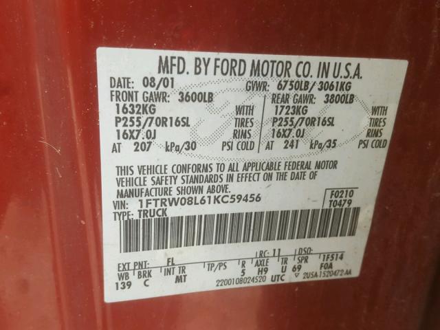 1FTRW08L61KC59456 - 2001 FORD F150 SUPER RED photo 10