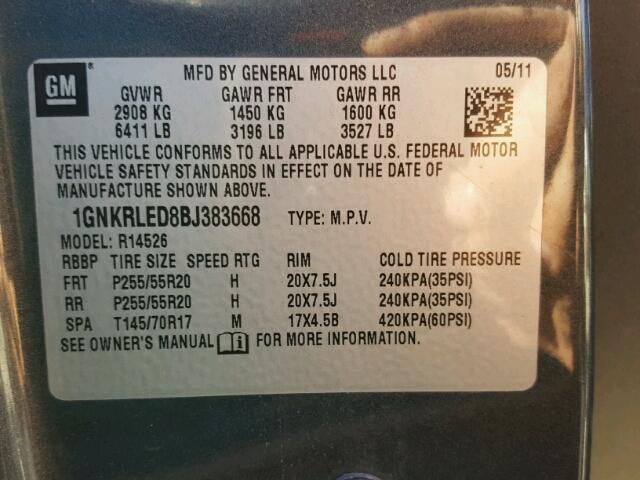 1GNKRLED8BJ383668 - 2011 CHEVROLET TRAVERSE L GRAY photo 10