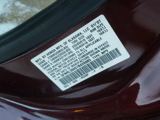 5FNRL38607B426985 - 2007 HONDA ODYSSEY EX BURGUNDY photo 10