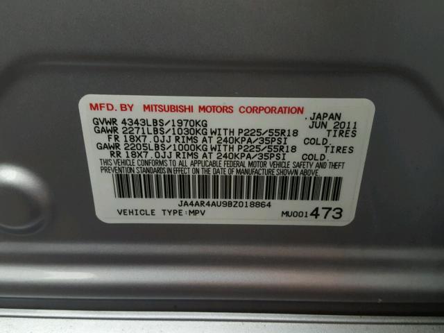 JA4AR4AU9BZ018864 - 2011 MITSUBISHI OUTLANDER SILVER photo 10