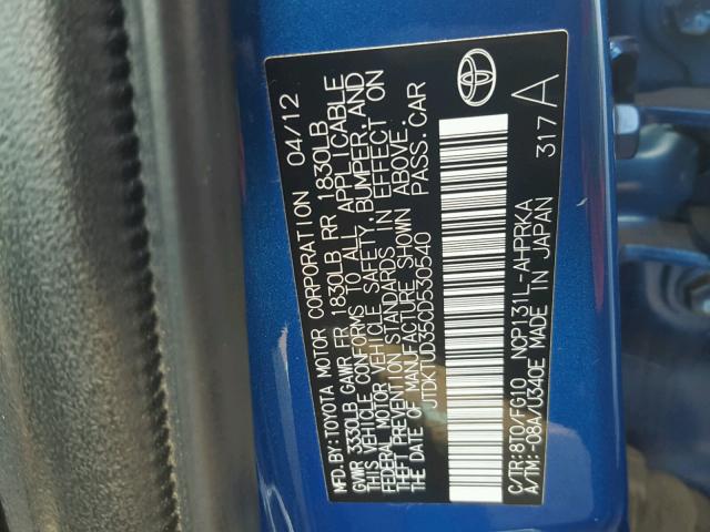 JTDKTUD35CD530540 - 2012 TOYOTA YARIS BLUE photo 10