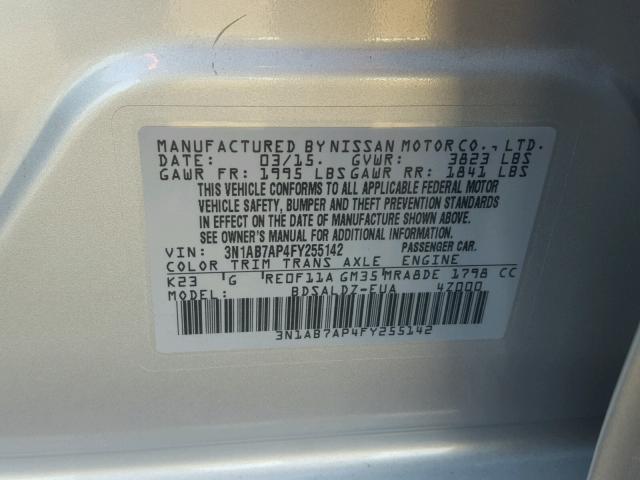 3N1AB7AP4FY255142 - 2015 NISSAN SENTRA S GRAY photo 10