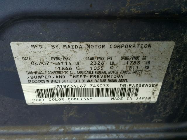 JM1BK34L671743033 - 2007 MAZDA SPEED 3 蓝色 照片 10