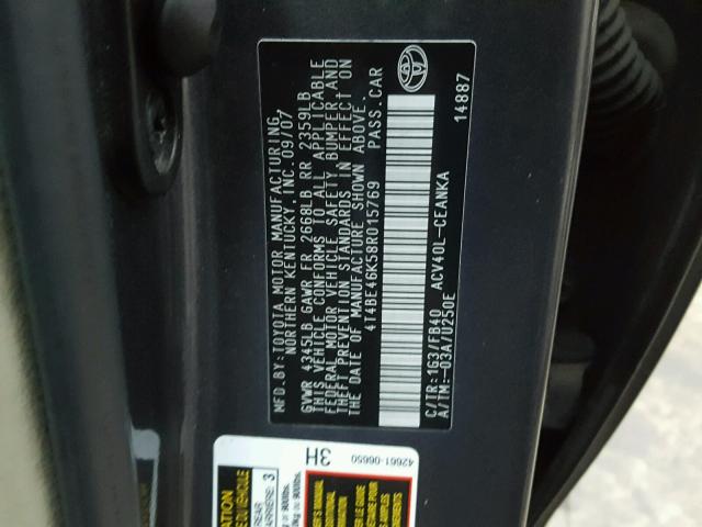 4T4BE46K58R015769 - 2008 TOYOTA CAMRY CE GRAY photo 10