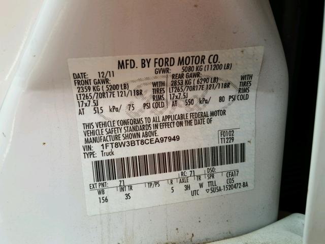 1FT8W3BT8CEA97949 - 2012 FORD F350 SUPER WHITE photo 10