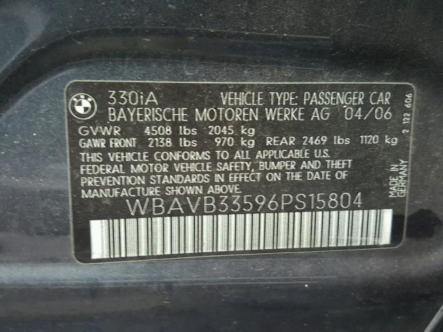 WBAVB33596PS15804 - 2006 BMW 330 I GRAY photo 10