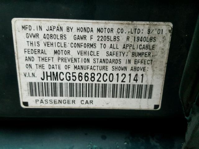 JHMCG56682C012141 - 2002 HONDA ACCORD EX GREEN photo 10