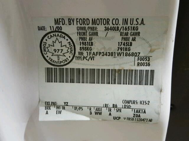 1FAFP34381W186807 - 2001 FORD FOCUS SE WHITE photo 10