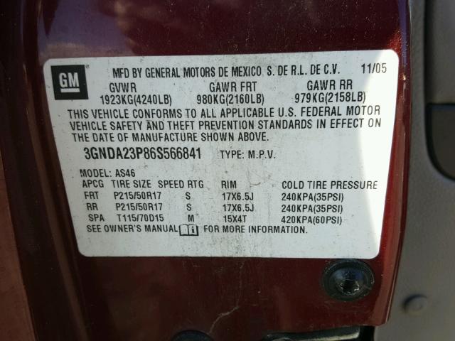 3GNDA23P86S566841 - 2006 CHEVROLET HHR LT BURGUNDY photo 10