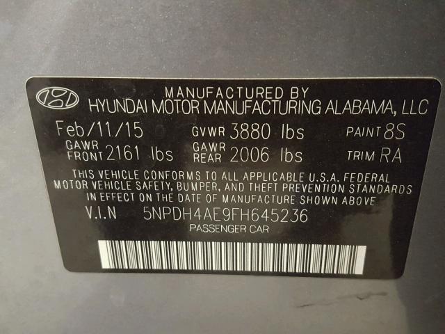 5NPDH4AE9FH645236 - 2015 HYUNDAI ELANTRA SE GRAY photo 10