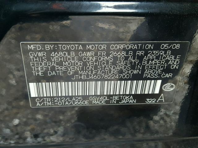 JTHBJ46G782247001 - 2008 LEXUS ES 350 BLACK photo 10