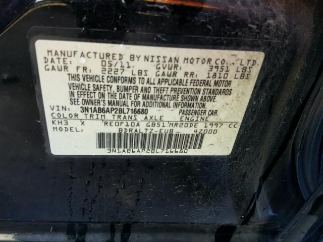 3N1AB6AP2BL716680 - 2011 NISSAN SENTRA 2.0 BLACK photo 10