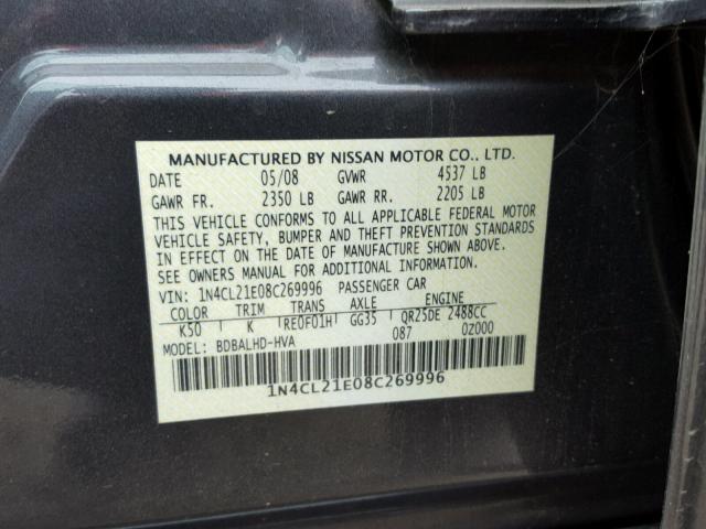 1N4CL21E08C269996 - 2008 NISSAN ALTIMA HYB GRAY photo 10